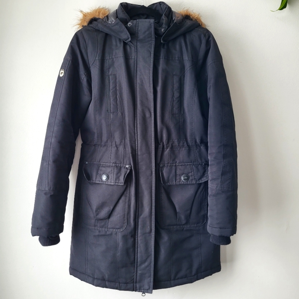 Point Zero black hooded cinched waist mid thigh zip up parka jacket Size S